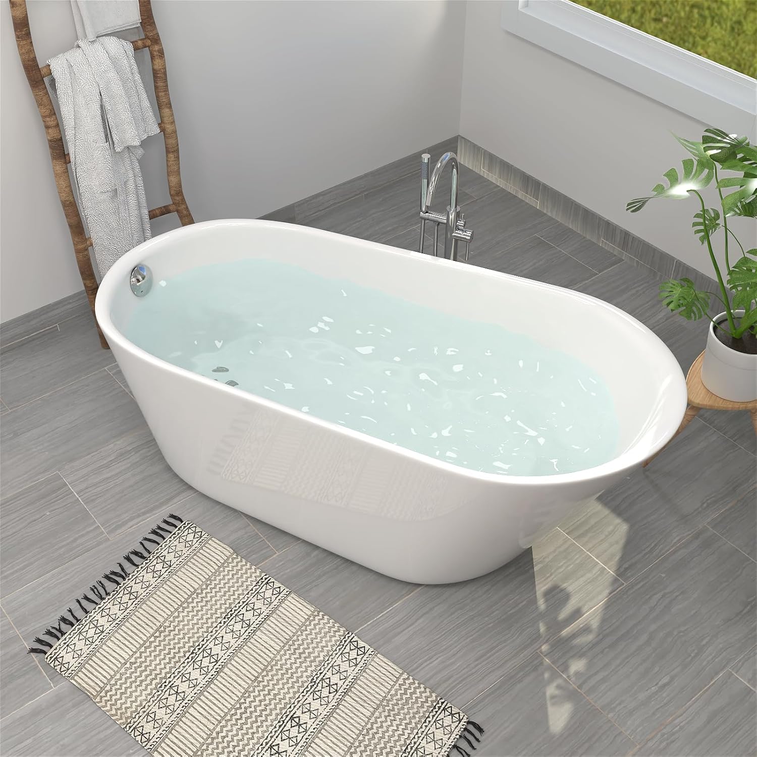 65' Acrylic Freestanding Bathtub, Single Slipper Free Standing Tub, Soaking Tub with Integrated Slotted Overflow, Toe-Tap Chrome Drain, cUPC Certified, Glossy White