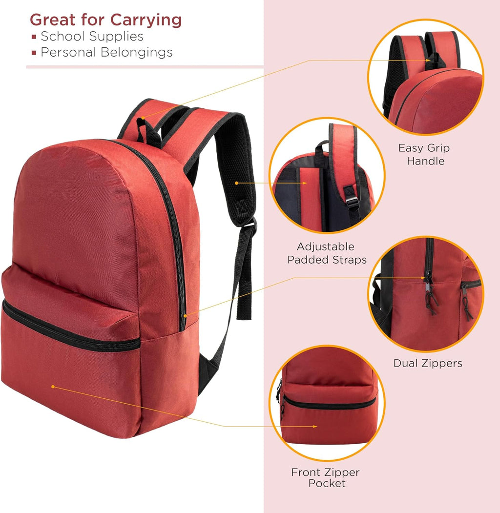 24 Pack 19' Basic Wholesale Backpacks, 12 Assorted Colors - Bookbags in Bulk for Elementary, Middle, and High School Students
