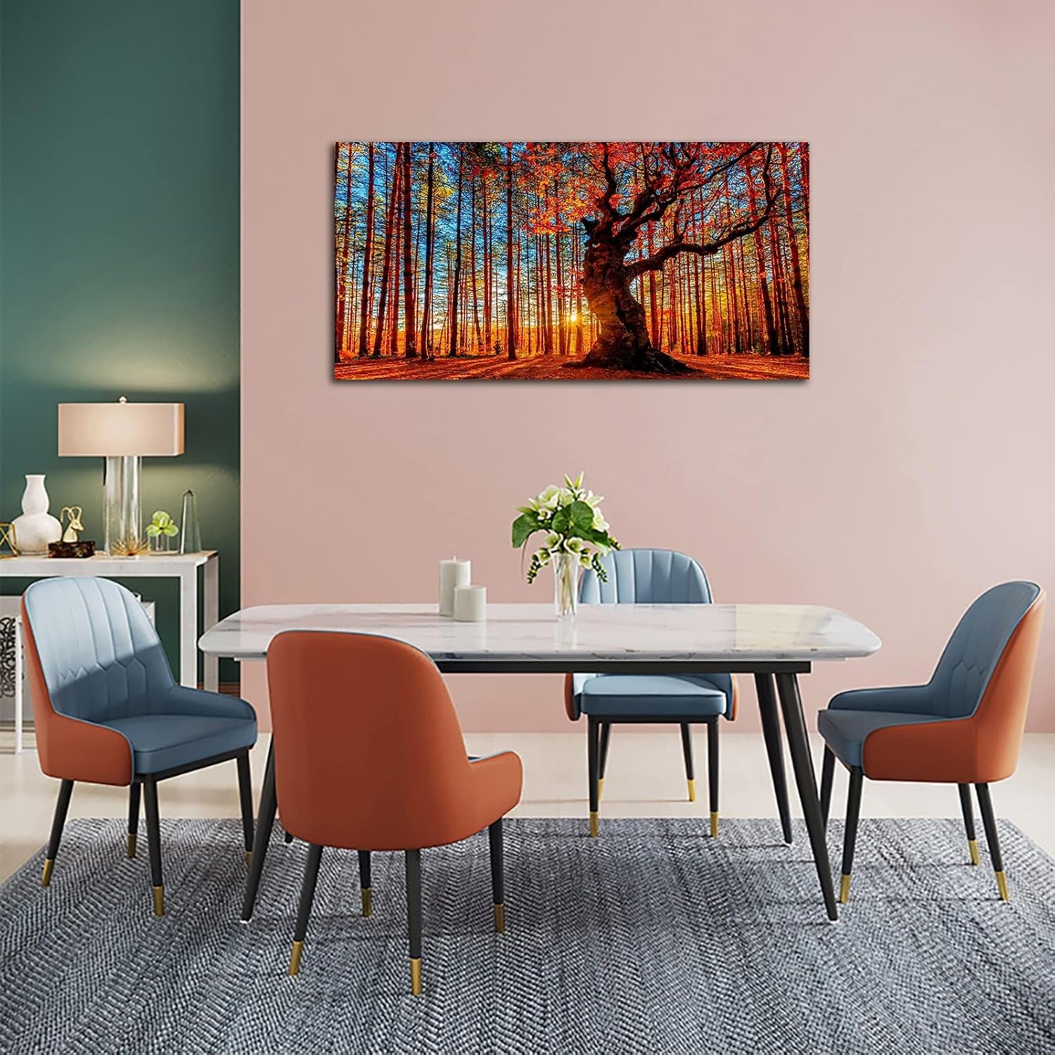 Forest Wall Art Sunset Canvas Pictures Red Leaf Trees Landscape Canvas Artwork Contemporary Nature Painting Print for Living Room Bedroom Home Office Wall Decor Framed Ready to Hang 29' x 58'