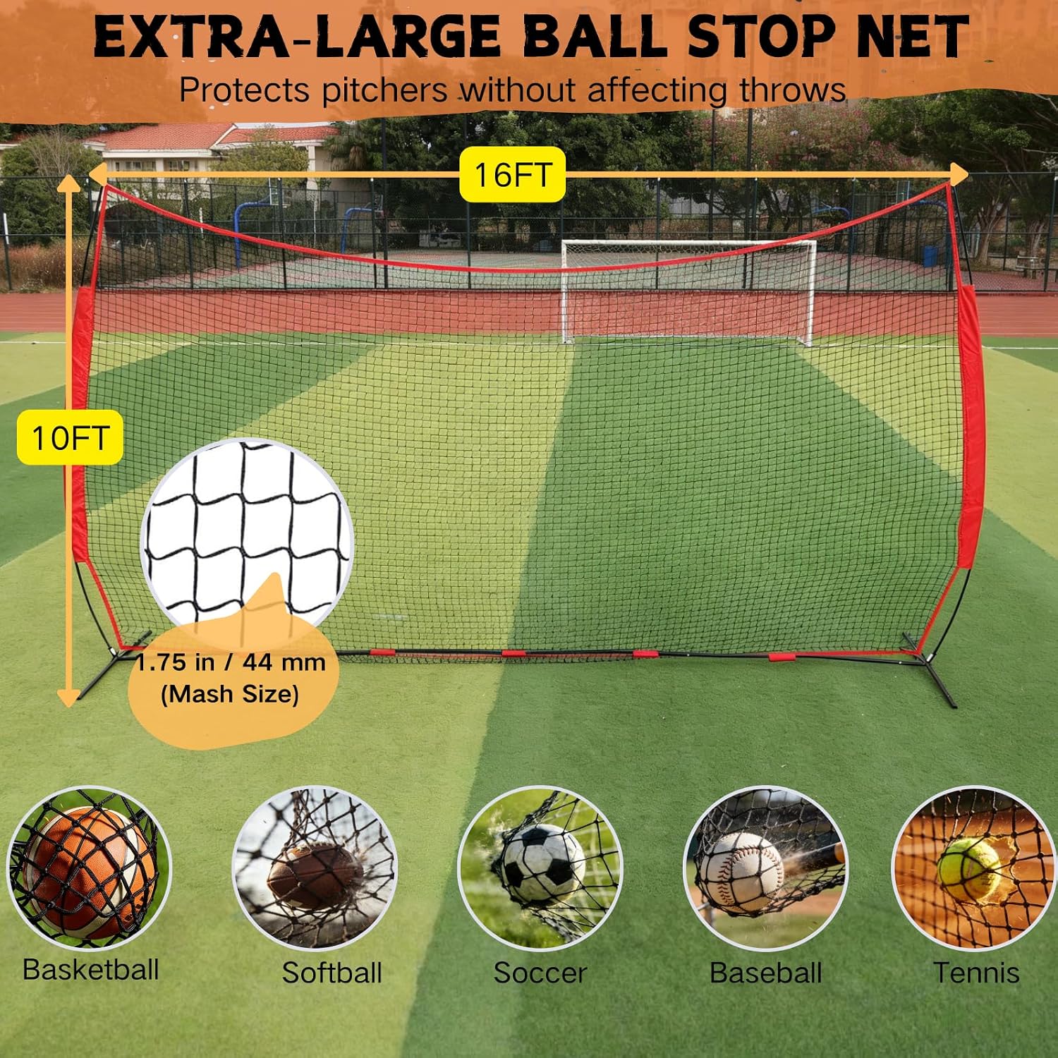 16x10FT Sports Barrier Net, Barricade Backstop Net with Upgrade Steel Frame, Protective Net for Baseball, Lacrosse, Soccer, Basketball & More
