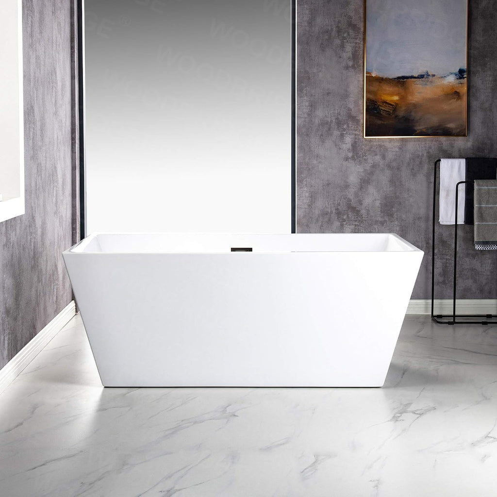 WOODBRIDGE 59' Acrylic Freestanding Bathtub Contemporary Soaking White Tub with Matte Black Overflow and Drain，BTA1412-MB-Drain&O