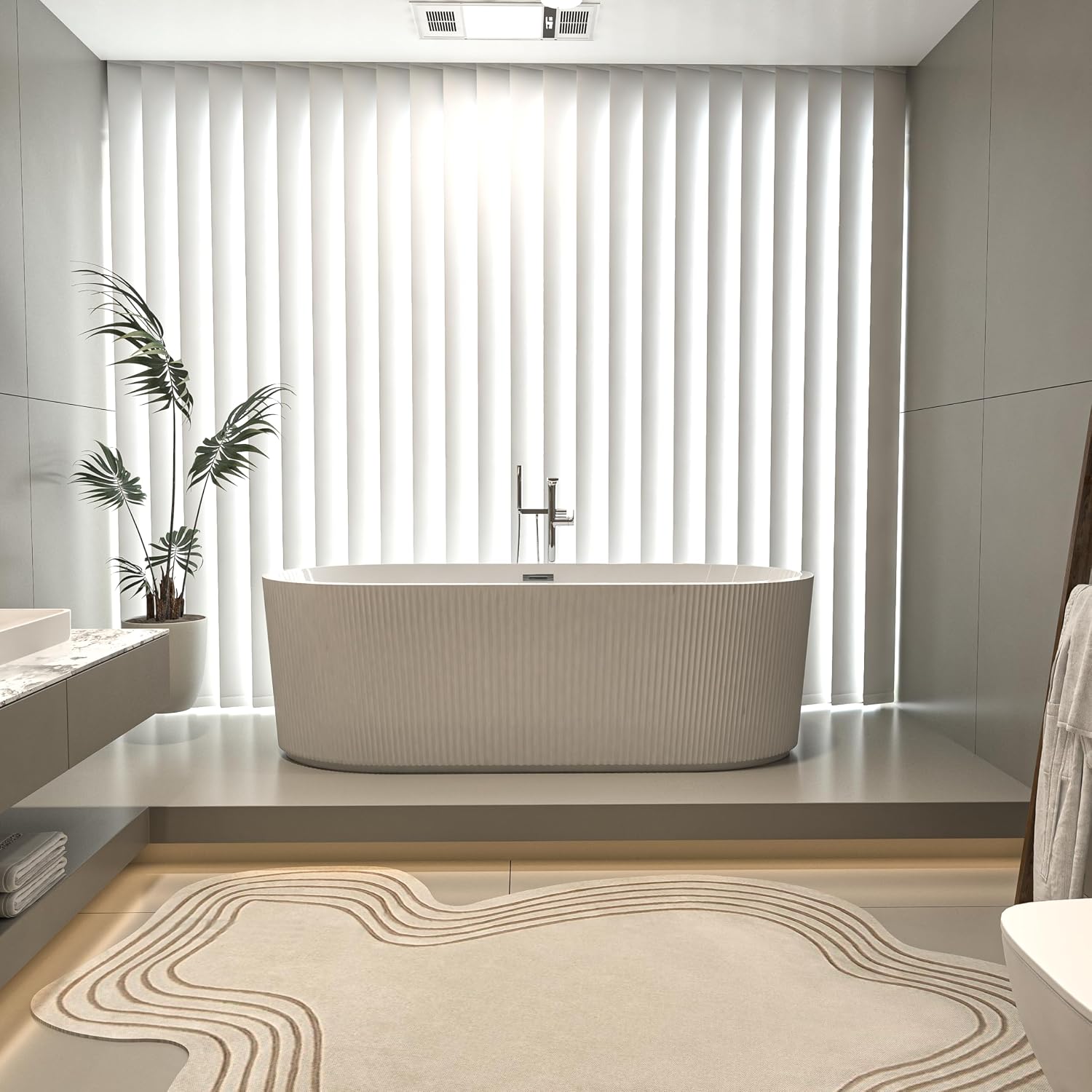 59' Acrylic Freestanding Bathtub-Acrylic Soaking Tubs, Fluted style-Gloss White Freestanding Bathtub With Chrome Overflow and Pop Up Drain