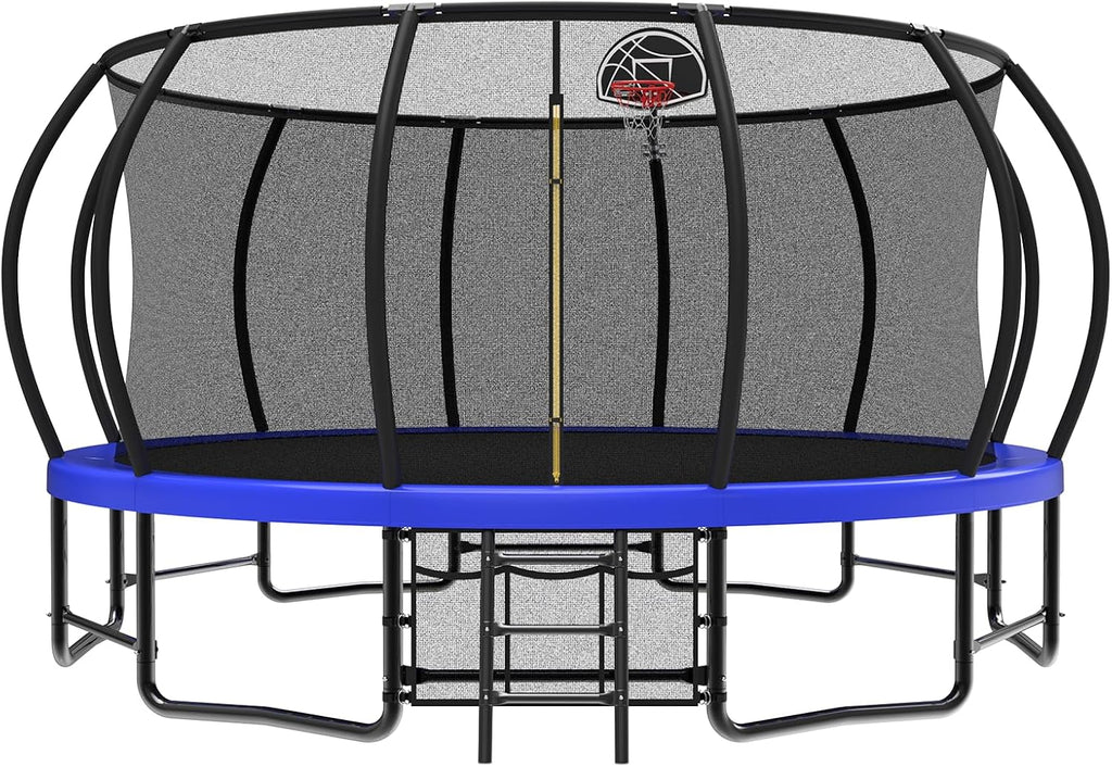 Lyromix 12 14 15 16FT Outdoor Trampolines for Kids and Adults, Pumpkin Trampolin with Curved Poles, Recreational Trampolin with Basketball Hoop and Safety Enclosure Net for Kids and Adults