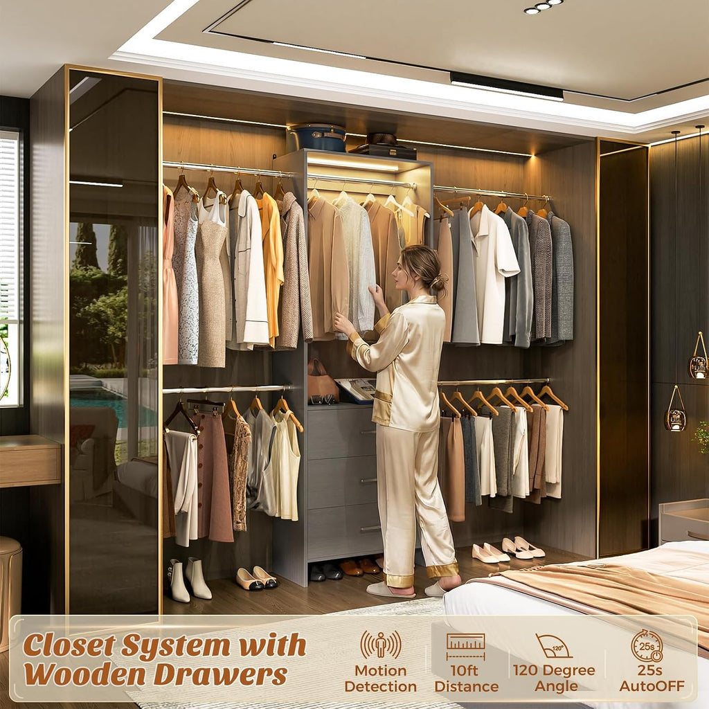 Aheaplus Closet System with Motion-Sensing Light, 3 Wooden Drawers and 4 Hanging Rods, Customizable Walk-in Closet Organizer with 3CCT LED, Heavy Duty Garment Rack for Bedroom,Grey