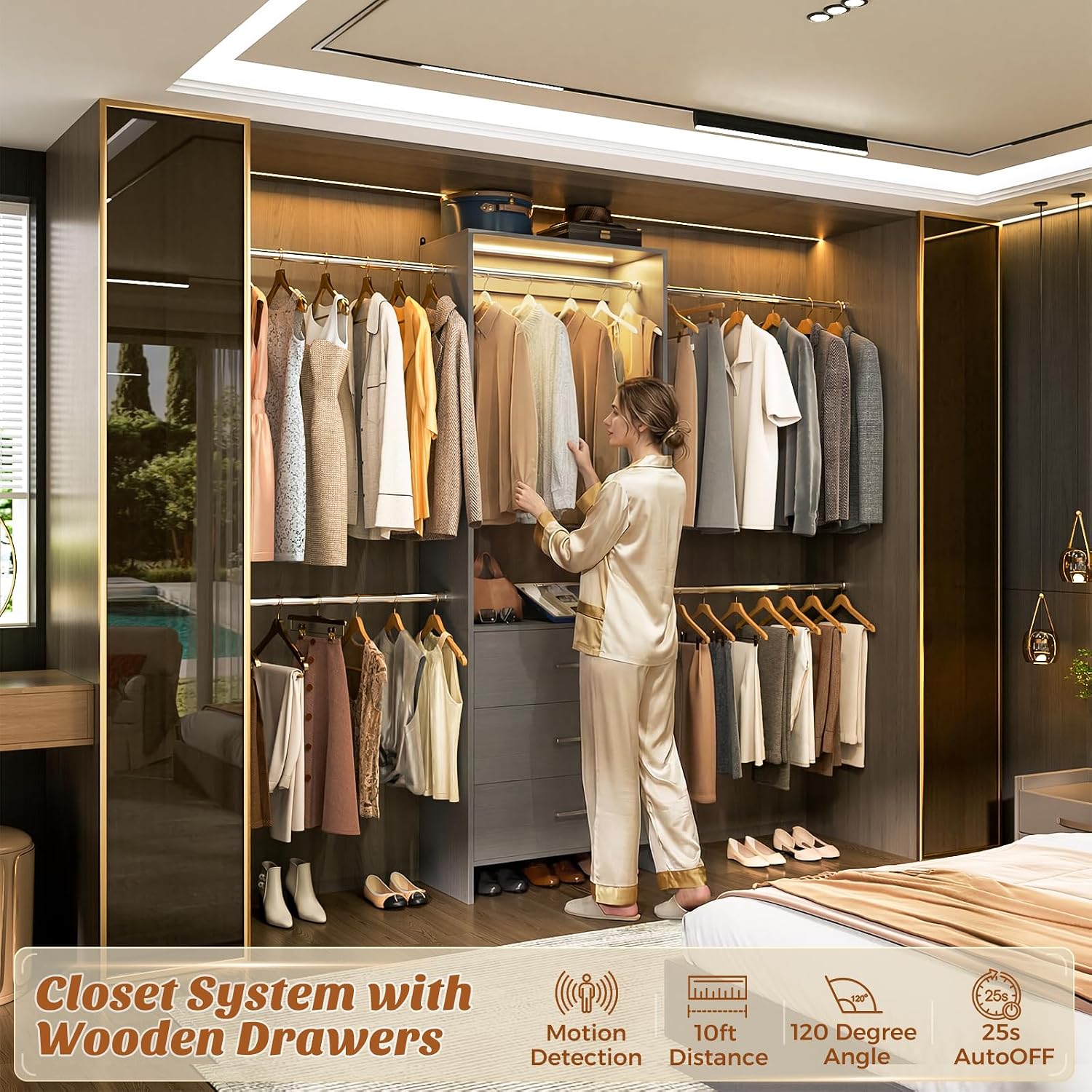 Aheaplus Closet System with Motion-Sensing Light, 3 Wooden Drawers and 4 Hanging Rods, Customizable Walk-in Closet Organizer with 3CCT LED, Heavy Duty Garment Rack for Bedroom,Grey