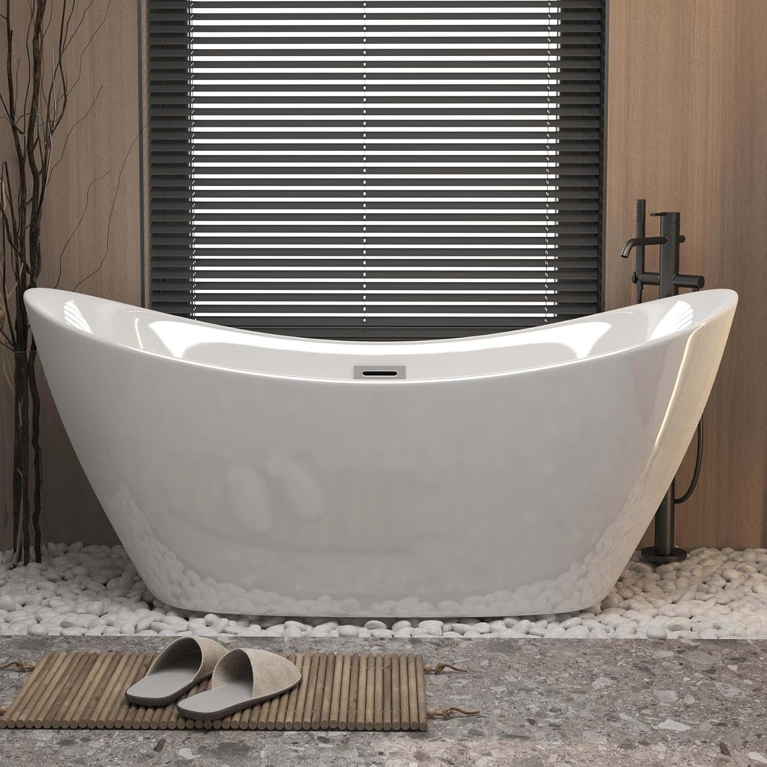 59' Oval Freestanding Soaking Bathtub with Toe-Tap Chrome Drain & Adjustable Leveling Feet, Stand Alone Tub, Acrylic Soaking Tub, Ergonomic (59')