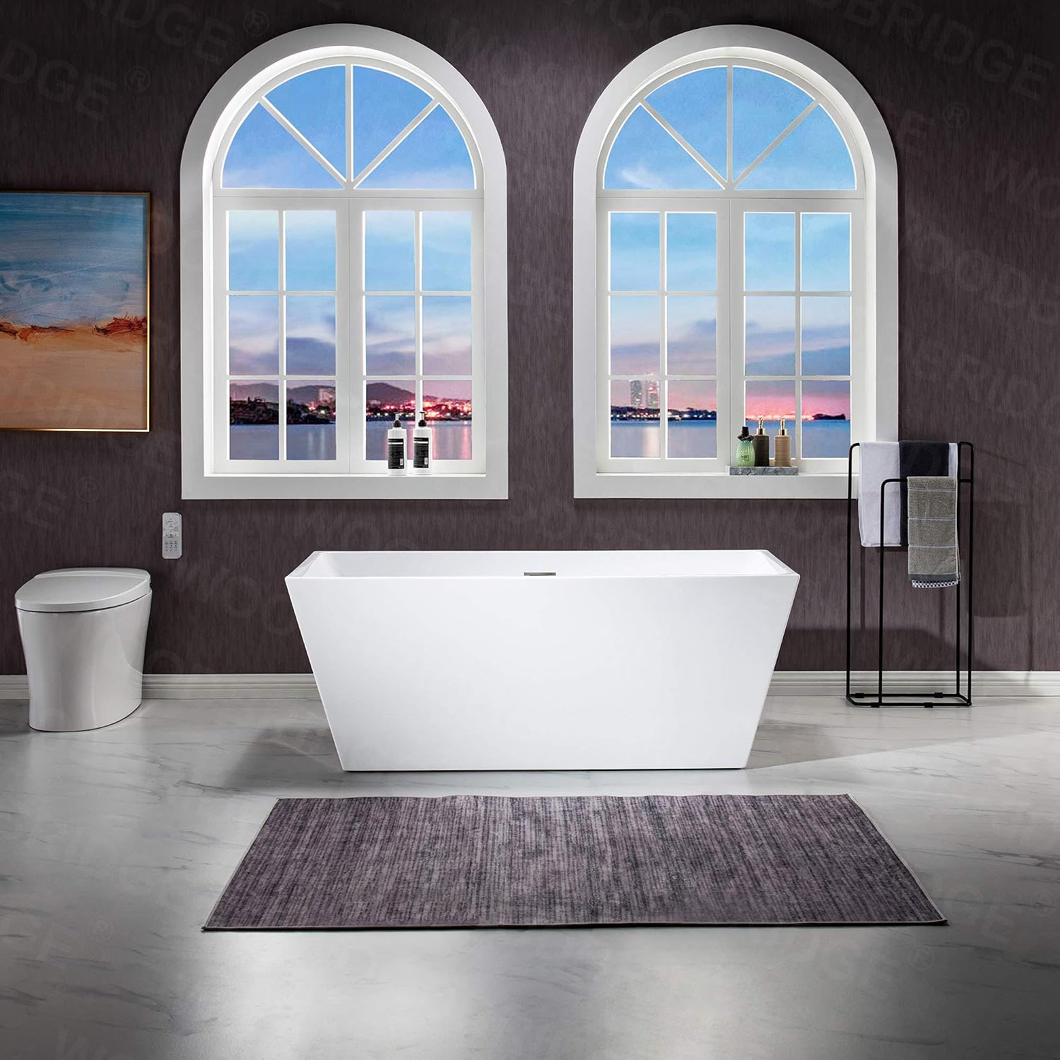 WOODBRIDGE 59' Acrylic Freestanding Bathtub Contemporary Soaking White Tub with Brushed Nickel Overflow and Drain，BTA1412-B/N-Drain&O