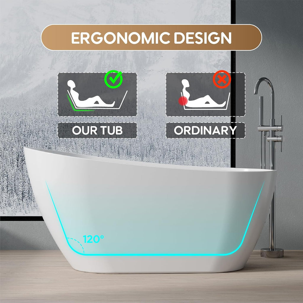 WELLFOR 59-Inch Freestanding Glossy White Acrylic Bathtub with Chrome Bathtub Drain and Integrated Slotted Overflow, Freestanding Soaking Bathtub Glossy White, Acrylic Soaking Tub (Glossy White)