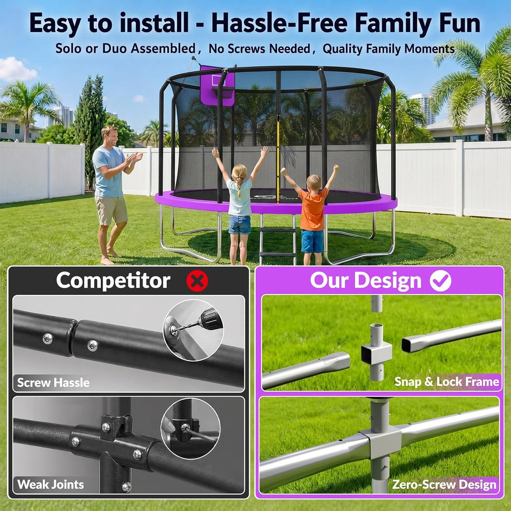 ACWARM HOME Trampoline Outdoor 8FT 10FT 12FT 14FT 15FT 16FT Trampoline with Basketball Hoop and LED Lights, Recreational Trampolines for Kids and Adults with Enclosure Net & Ladder, ASTM Approved