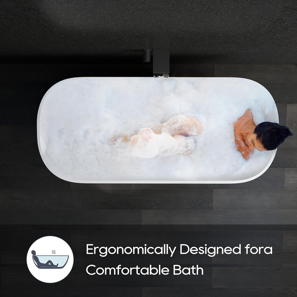 SJ STAR&JANE Solid Surface Freestanding Bathtub, 67' Oval Soaking Tub with Overflow & Pop-up Drain, Matte White Finish for Bathrooms