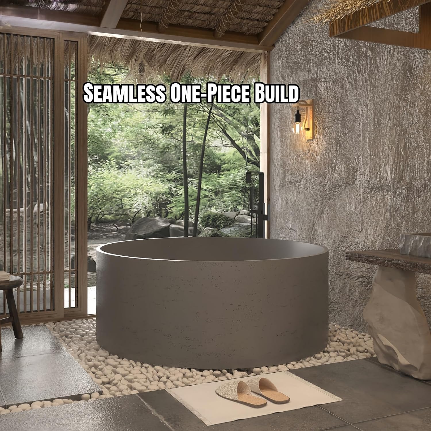 Freestanding Bathtub Round Soaking Tub, Solid Surface Bathtub Stand Alone Design, Extra Deep Ergonomic Soaker with Heat Retention for Luxury Bathrooms (51',Beige)