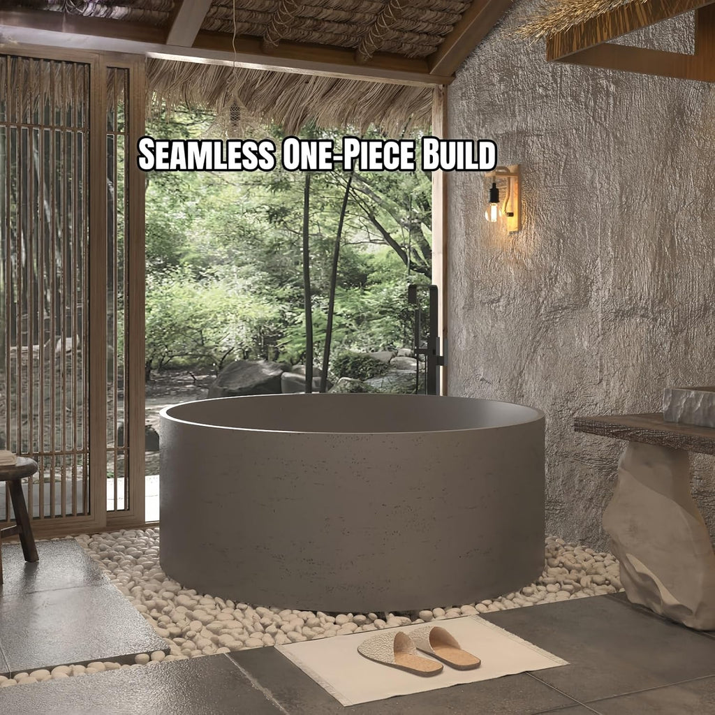 Freestanding Bathtub Round Soaking Tub, Solid Surface Bathtub Stand Alone Design, Extra Deep Ergonomic Soaker with Heat Retention for Luxury Bathrooms (59',Beige)