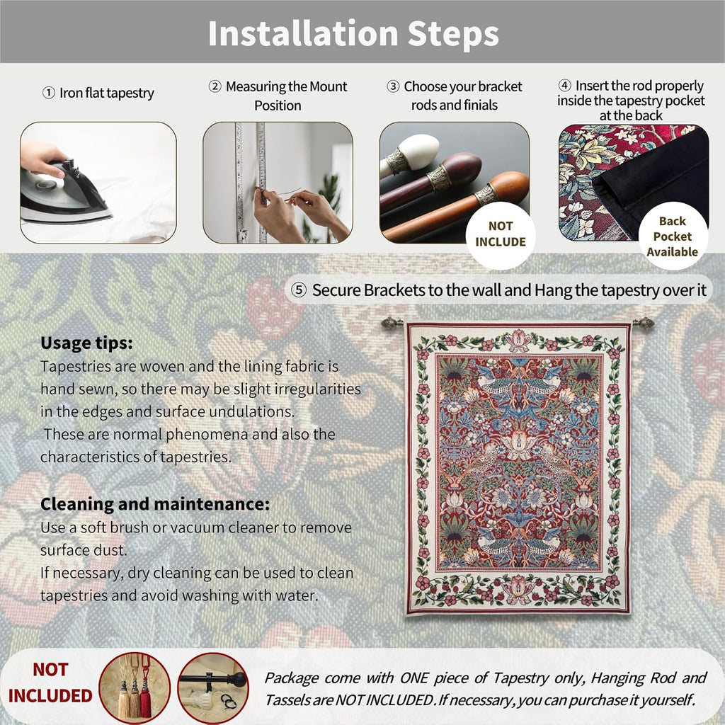 ORIMONY William Morris Strawberry Thief Tapestry - Vintage Floral Bird Art, Medieval Jacquard Woven Tapestry Wall Hanging for Living Room & Bedroom Size 27'x35' (Red)