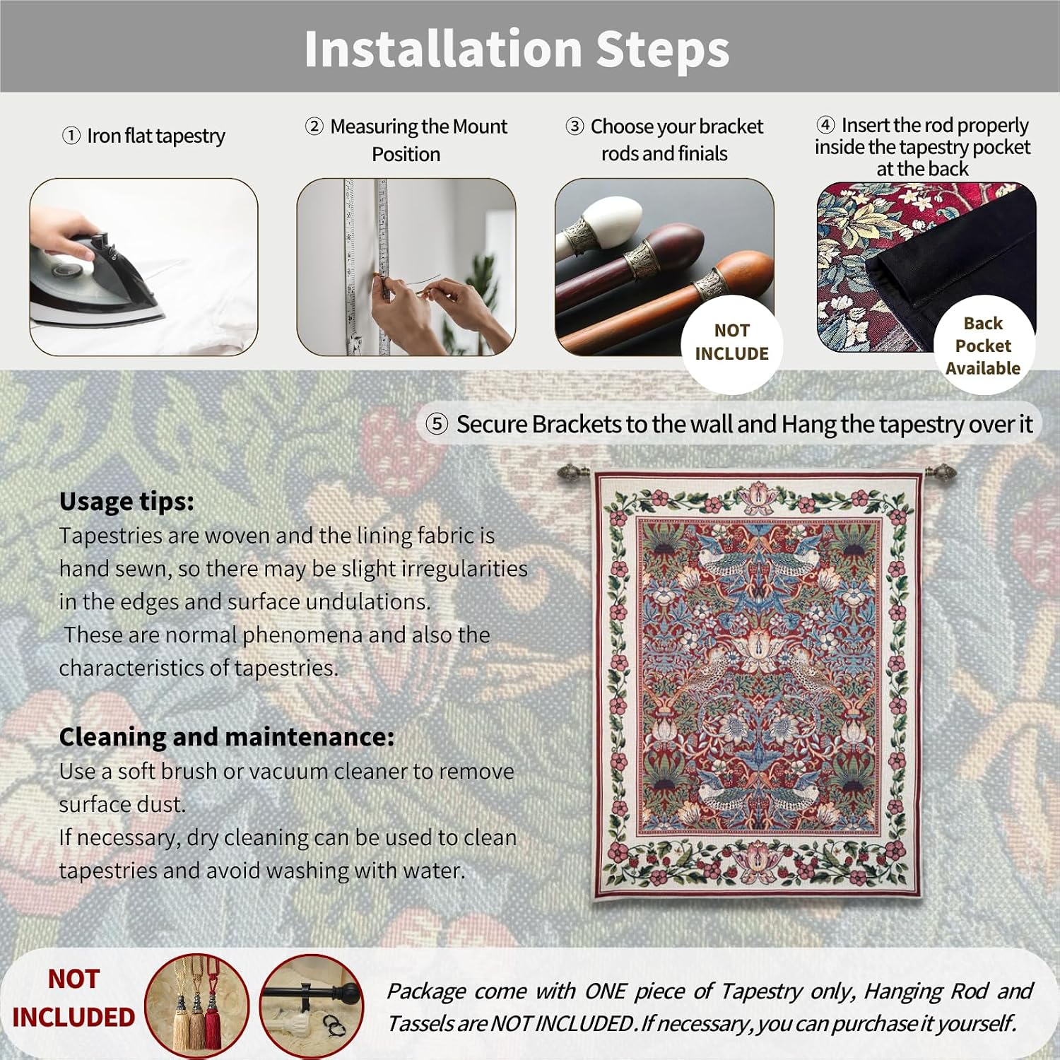 ORIMONY William Morris Strawberry Thief Tapestry - Vintage Floral Bird Art, Medieval Jacquard Woven Tapestry Wall Hanging for Living Room & Bedroom Size 27'x35' (Red)