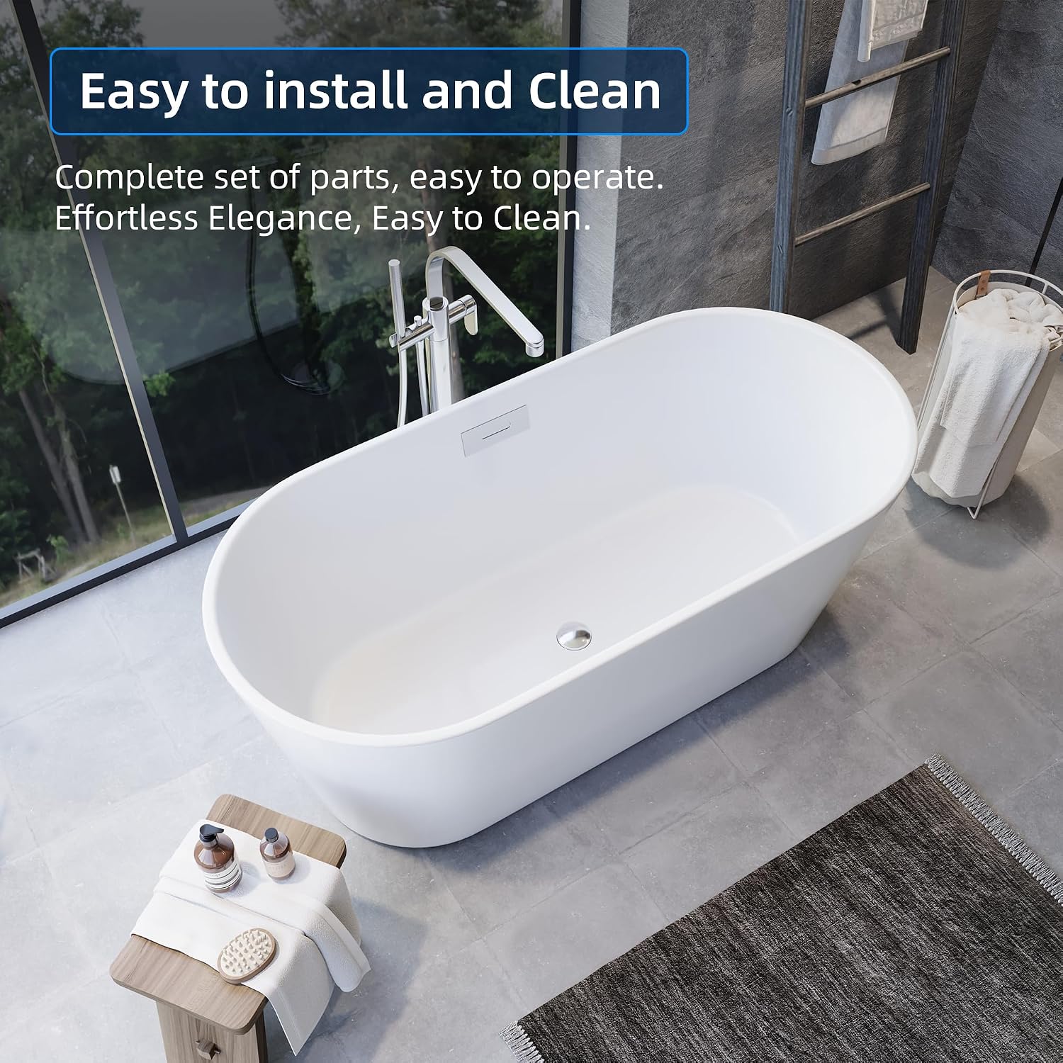 59' Acrylic Freestanding Bathtub, Stand Alone Soaking Tub In Black with Matte Silver Drain/Overflow Kit, Deep Soaker Bath for Bathroom Renovation, Quick Install, Luxurious Modern Design