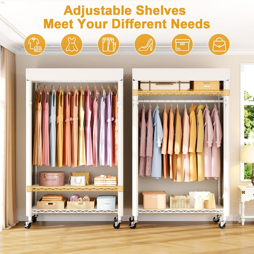 ULIFHOME P6C Rolling Clothes Rack with Cover, Covered Clothing Racks Heavy Duty, Portable Closet for Hanging Clothes, Garment Racks on Wheels, White Closet Rack with White Cover, Max Load 365LBS