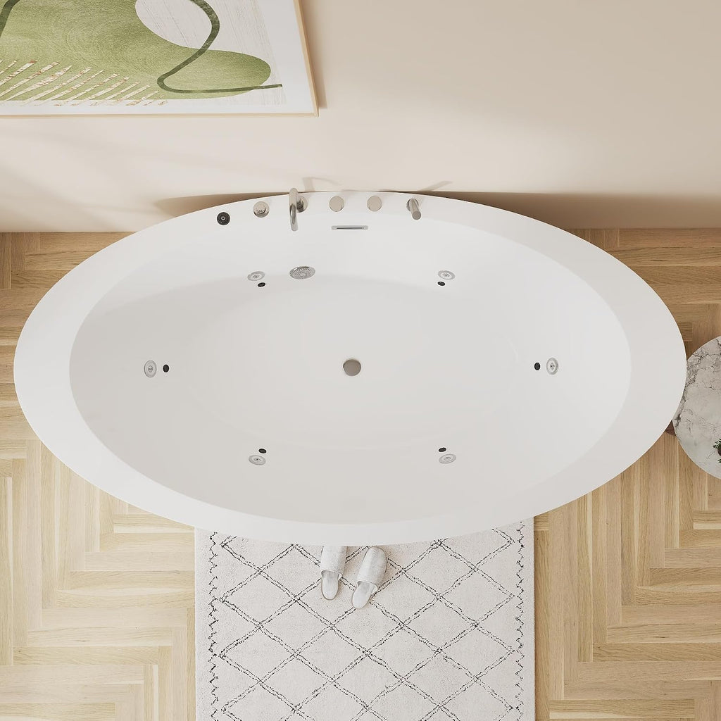71' Premium Whirlpool Water Jetted and Chromatherapy LED Lights Freestanding Tub Soaking Oval Acrylic Bathtub With Faucet, Gloss White with Overflow and Drain