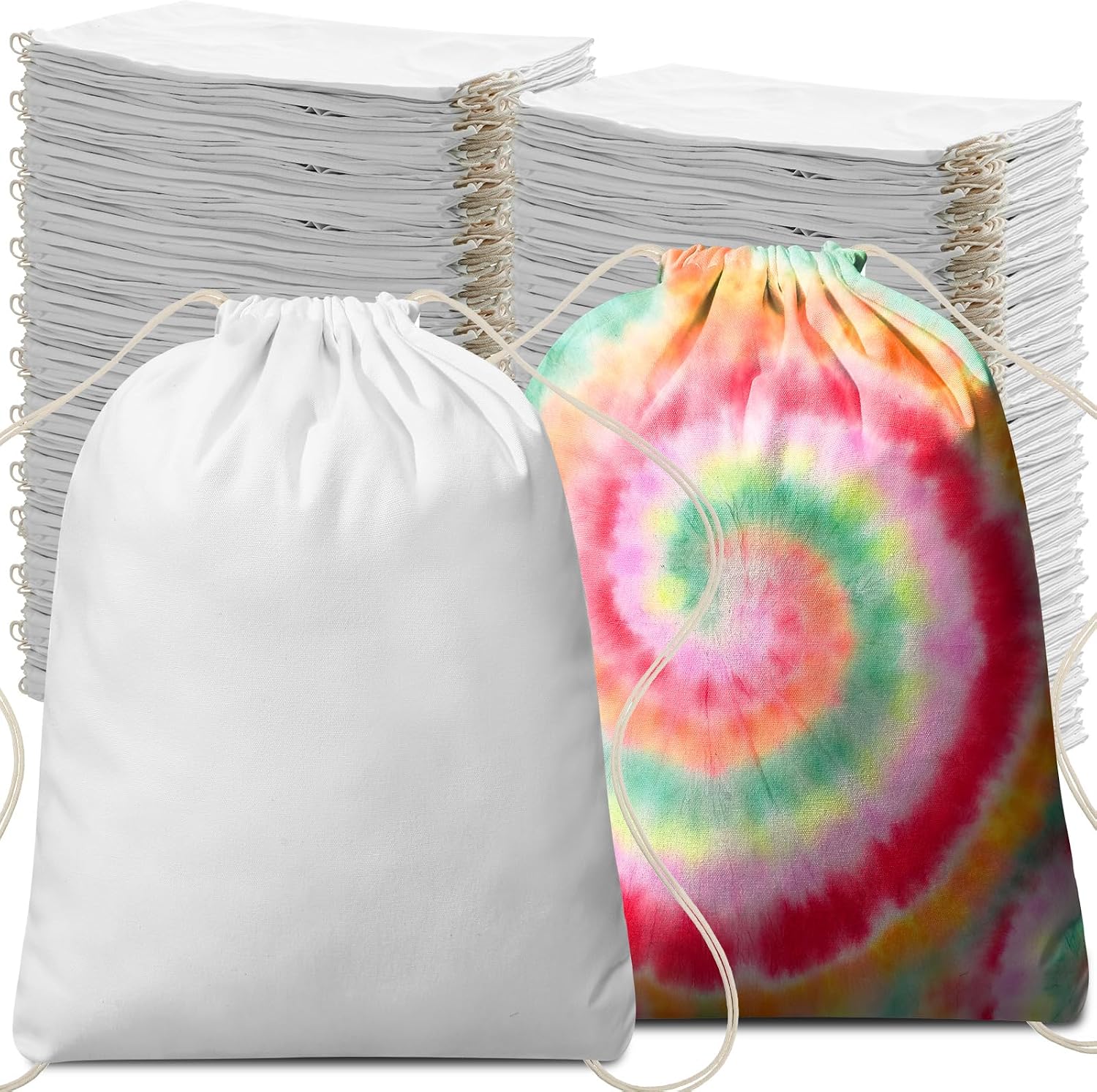Saintrygo 300 Pcs Tie Dye Drawstring Bags Cotton Sublimation Blank Backpack Bulk Tie Dye Kits Things for Large Groups, 14'x16'