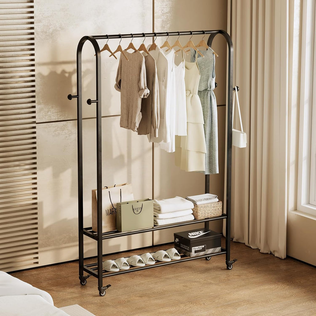Sturdy Heavy Duty Clothes Rack With Wheels,Modern Clothing Rack With Shelves & hooks, Garment Racks for Hanging Clothes,Closet Rack for Bedroom,49.2in Wide,Clothes Storage and Display (black)