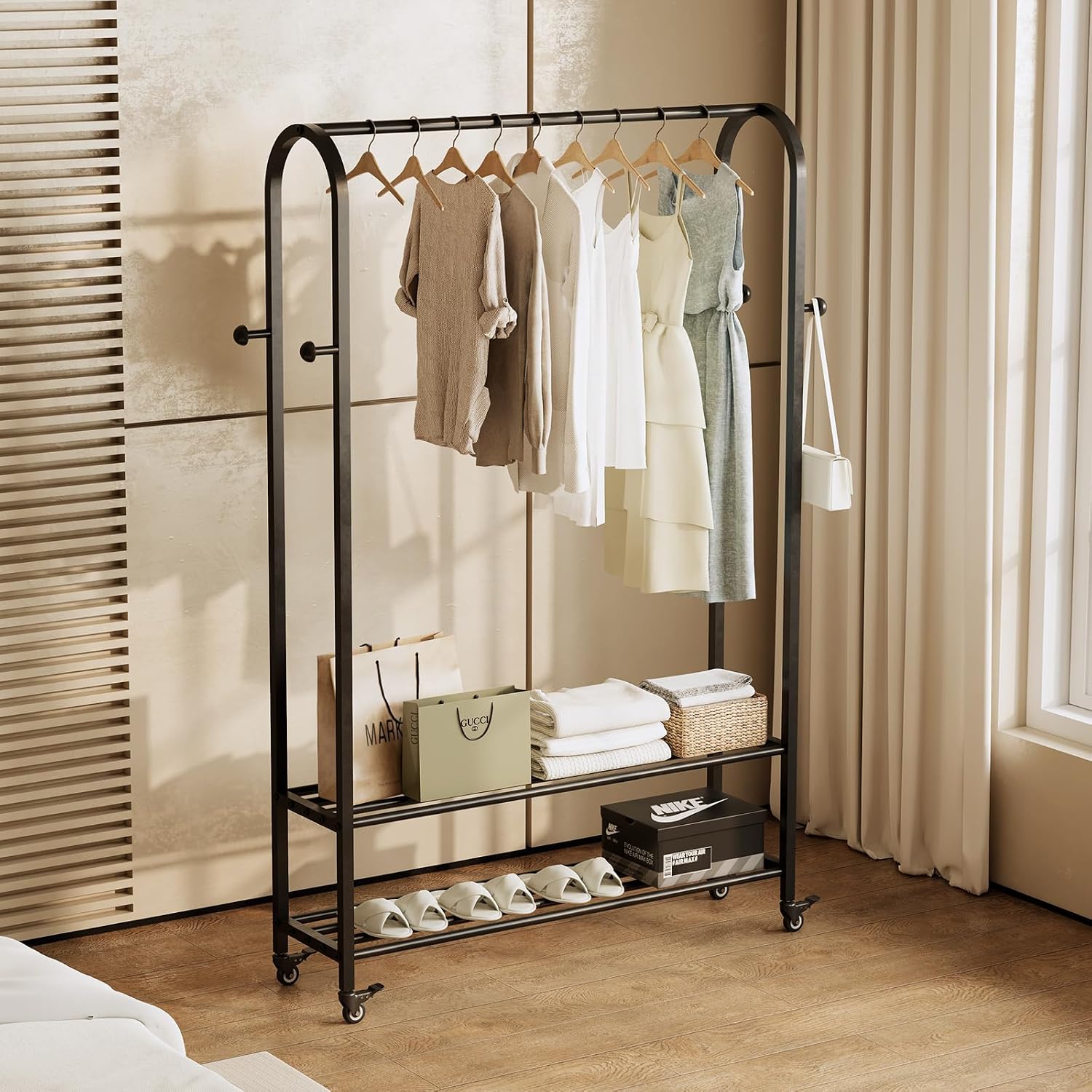 Sturdy Heavy Duty Clothes Rack With Wheels,Modern Clothing Rack With Shelves & hooks, Garment Racks for Hanging Clothes,Closet Rack for Bedroom,49.2in Wide,Clothes Storage and Display (black)