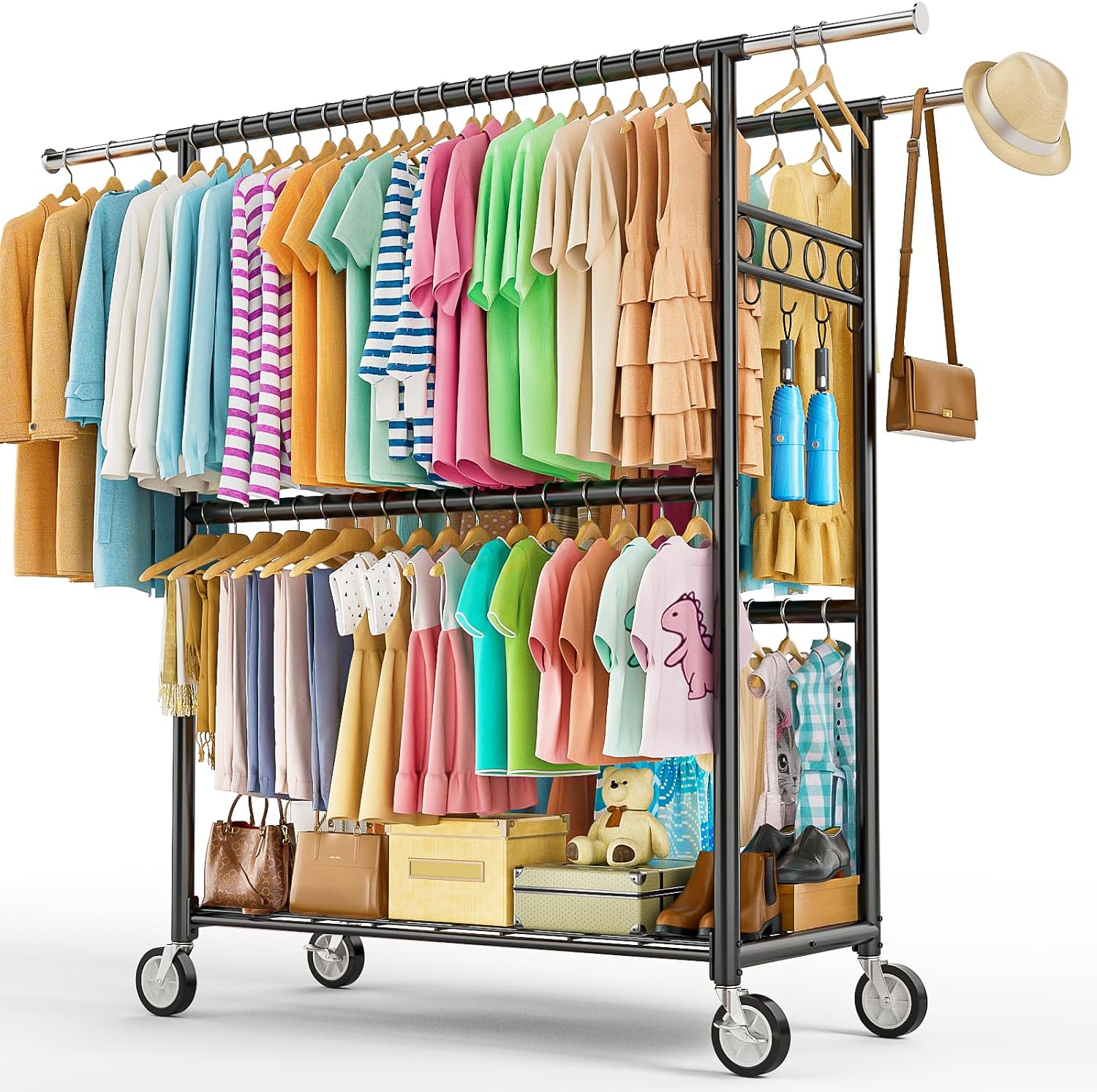 Heavy Duty Clothes Rack Load 1060LBS, Four Rods Rolling Clothing Racks for Hanging Clothes, Rolling Garment Rack With Sturdy Wheels Shelves Hooks, Portable & Adjustable Commercial Garment Rack, Black