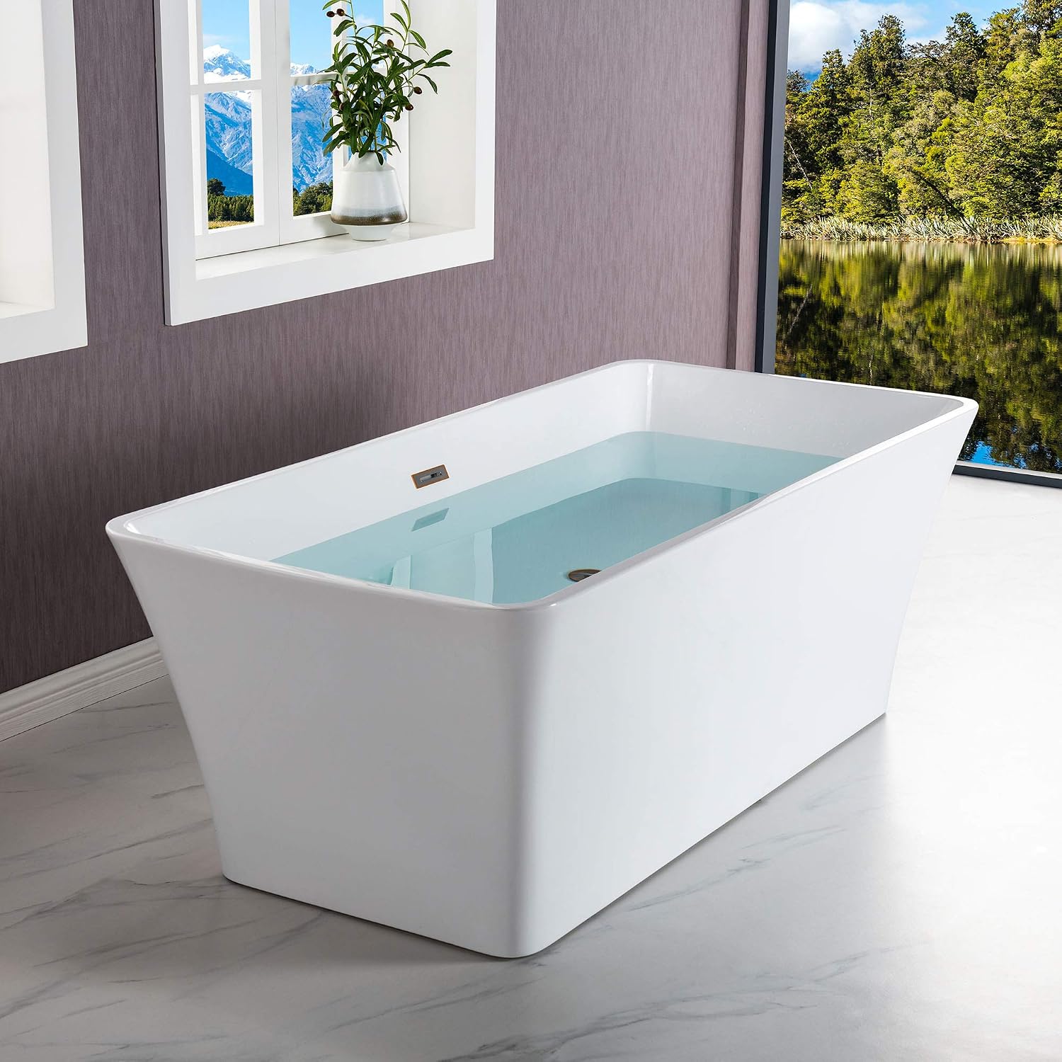 WOODBRIDGE 59'Freestanding White Acylic Soaking Bathtub with White Pillow,Drain and Overflow inORB,BTA1509 -ORB-Drain &O+ Pillow