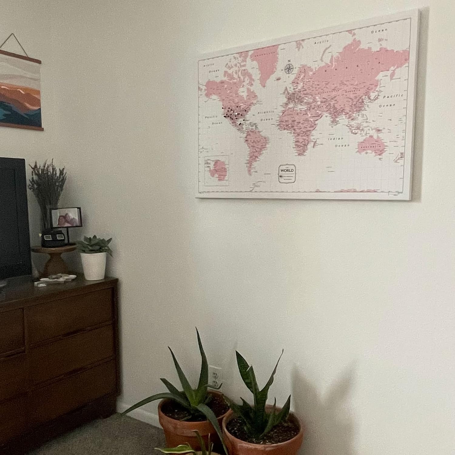 Push Pin World Map Board - With Push Pins to Mark World Travel - Handmade in Ohio, USA - Design: Pink Color Splash