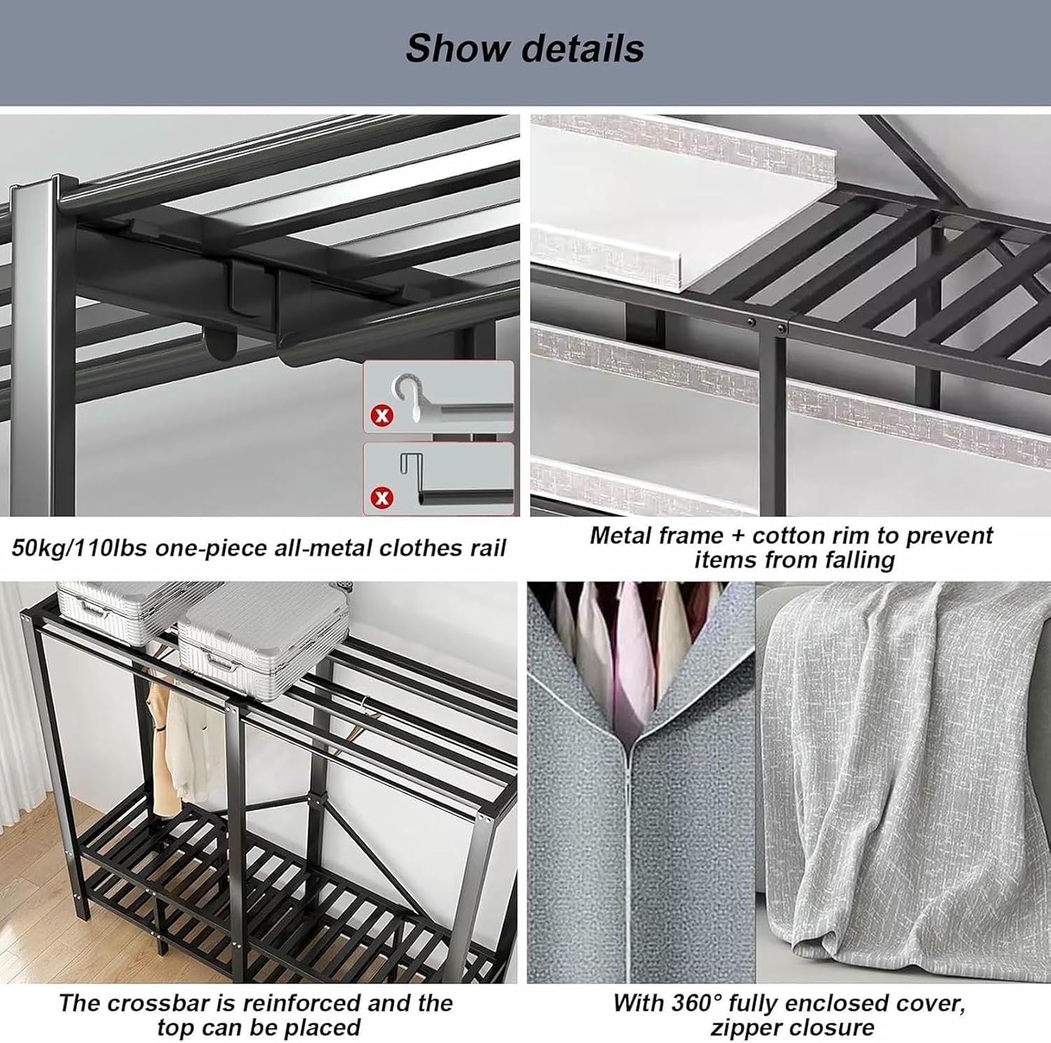 Foldable Portable Wardrobe Closet Larg Covered Rack with Cover 1200lbs Clothing Racks for Hanging Clothes Coat Storage Garment Racks for Bedroom