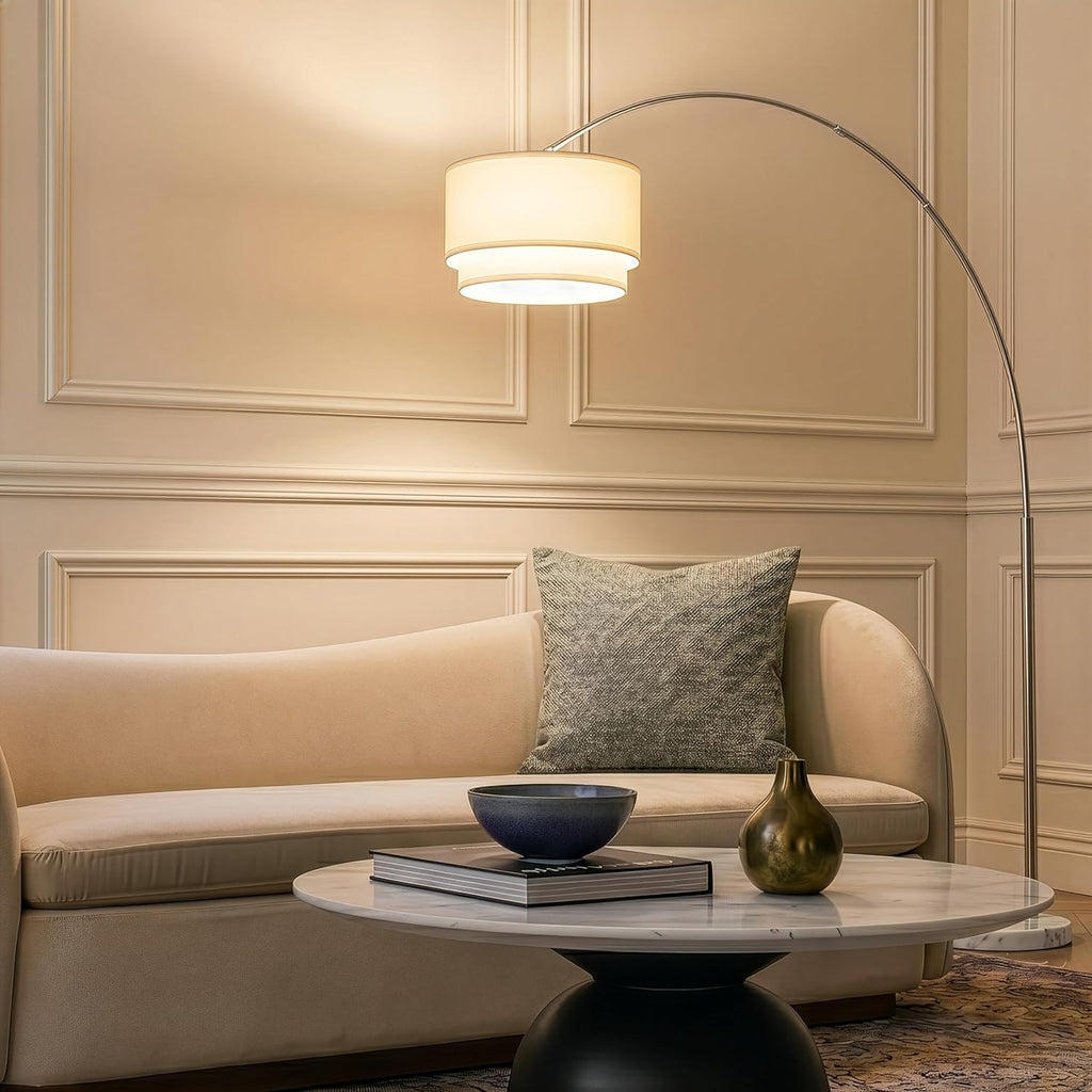 Brightech Mason Arc Floor Lamp - Modern Corner Standing Lamp with Unique Hanging Drum Lamp Shade for Living Room - Bright Overhead, Curved Hanging Light for Bedroom. Library, Den - Nickel