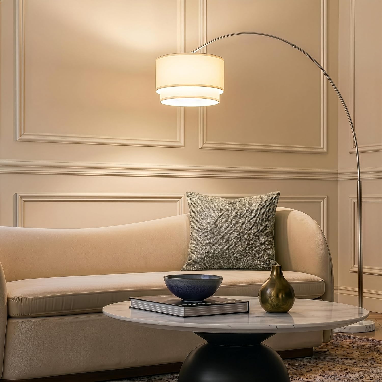 Brightech Mason Arc Floor Lamp - Modern Corner Standing Lamp with Unique Hanging Drum Lamp Shade for Living Room - Bright Overhead, Curved Hanging Light for Bedroom. Library, Den - Nickel