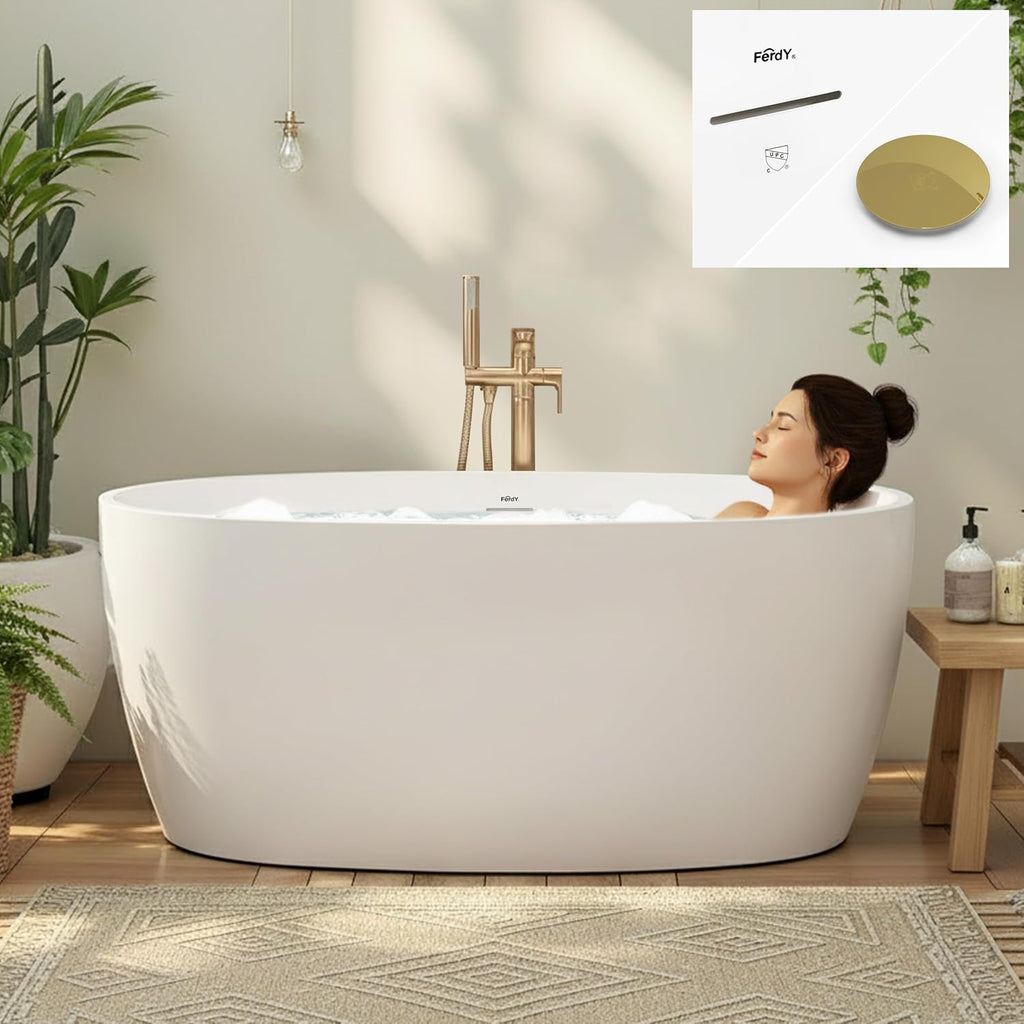 FerdY 55' Acrylic Freestanding Bathtub, Contemporary Soaking tub with Polished Gold Drain & Overflow, cUPC Certified, Elegant Oval Shape, Tahiti