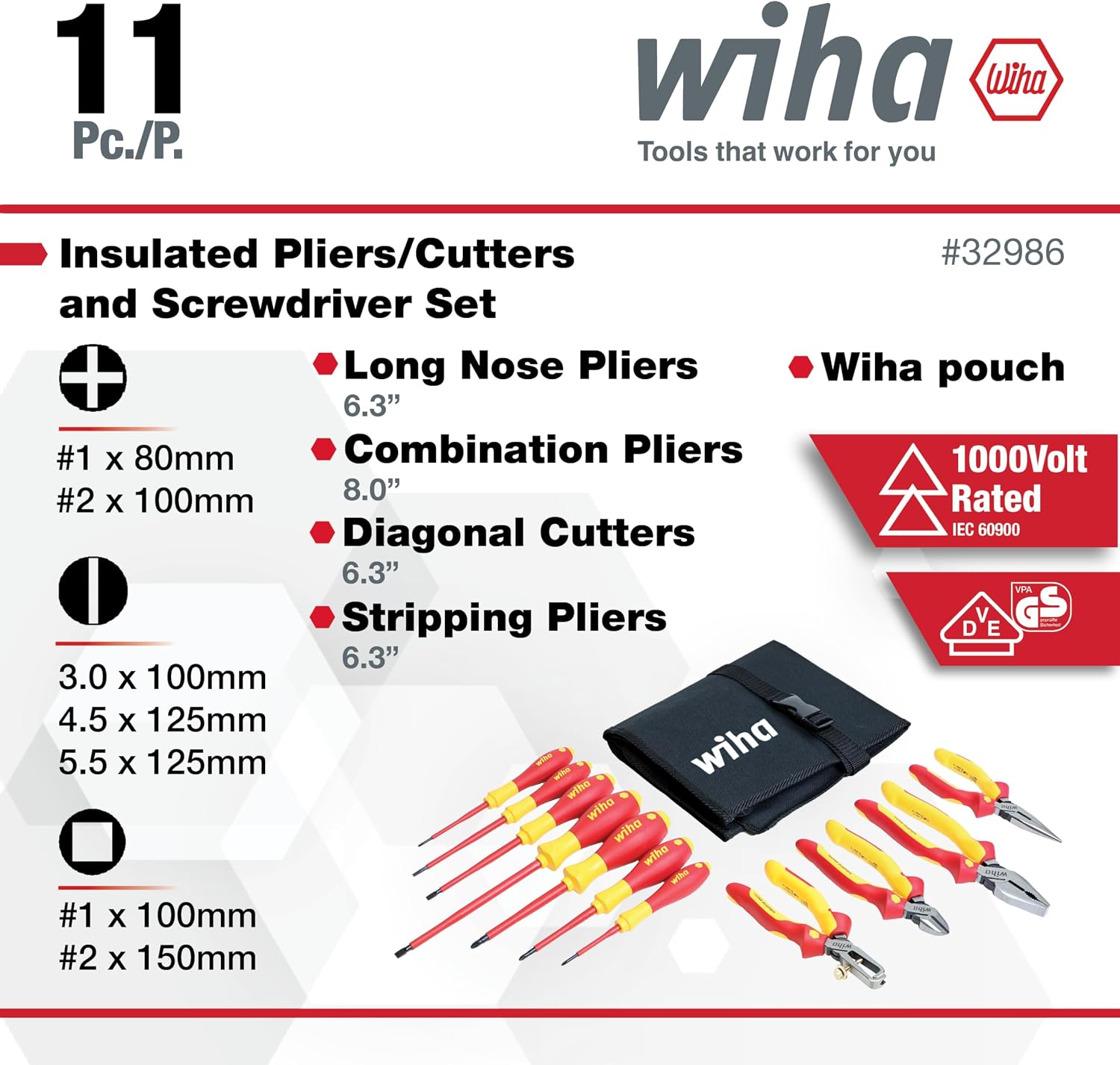 Wiha 32986 Insulated Industrial Pliers/Drivers Set in Roll Out Pouch, 11-Piece