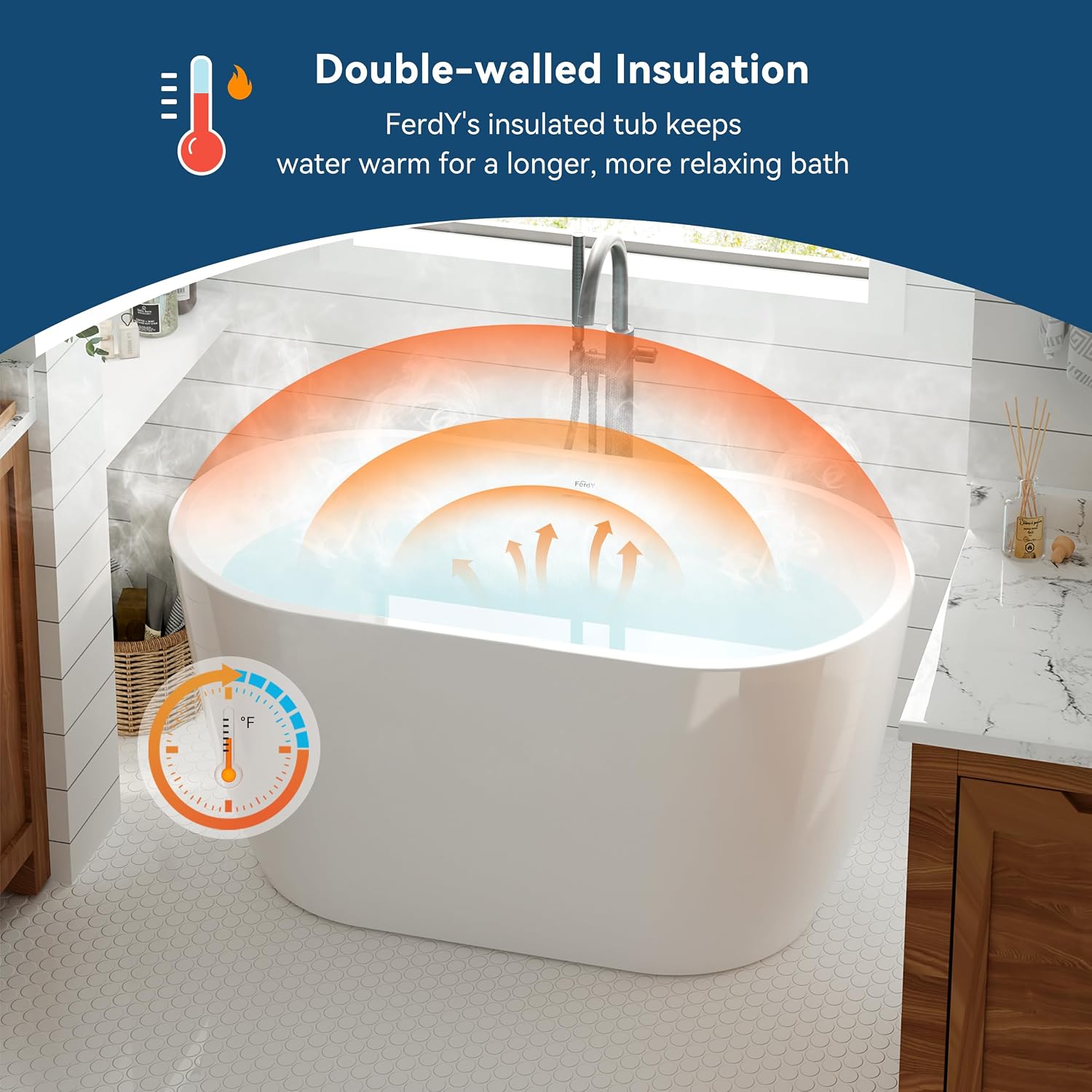 FerdY 47' Acrylic Freestanding Bathtub, Contemporary Soaking tub with Polished Gold Drain & Overflow, Elegant Oval Shape, cUPC Certified, Bali