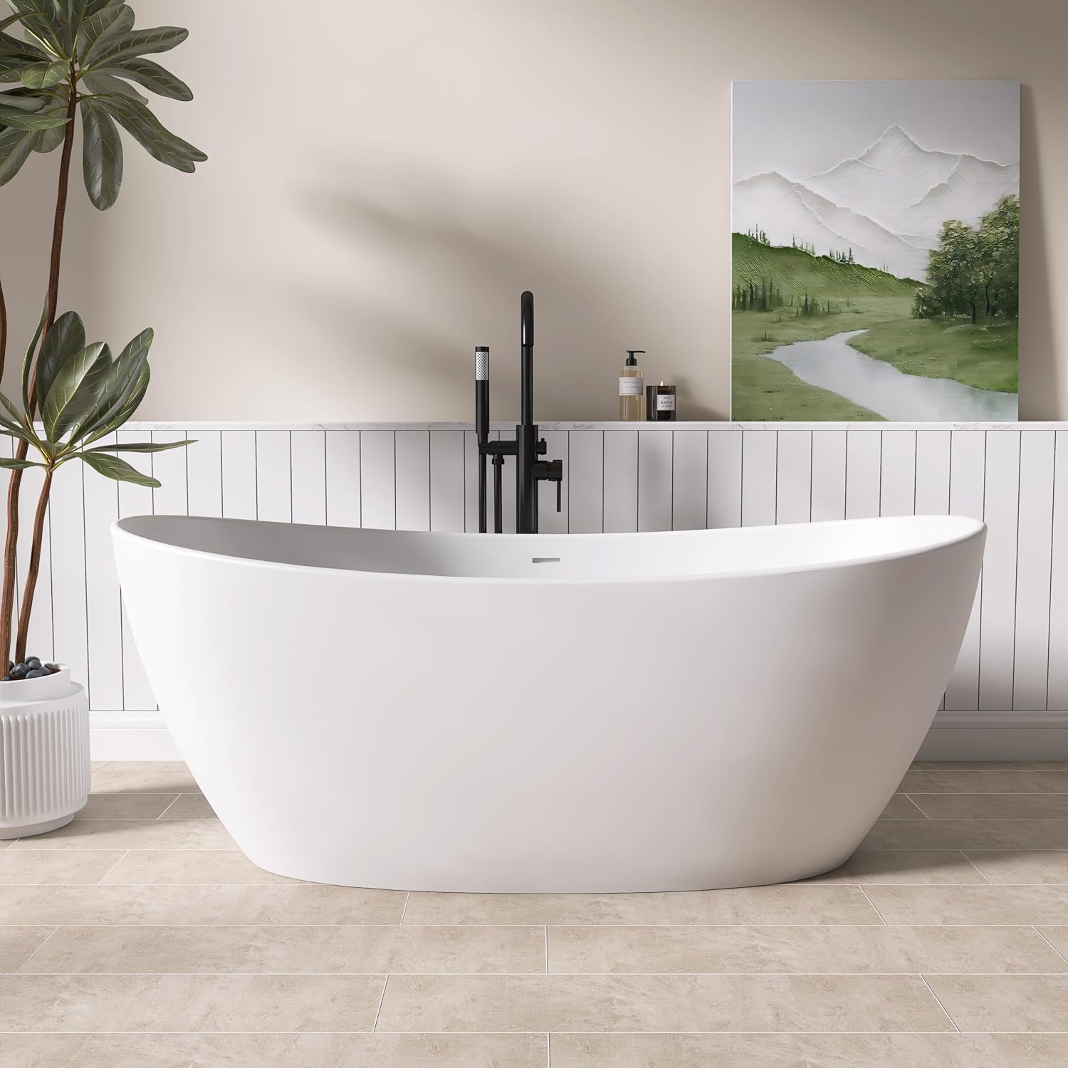 65' Stone Resin Freestanding Bathtub, Elegant Oval Design, Solid Surface Bathtub, Stand Alone Bathtub with Drain and Overflow,Matte White