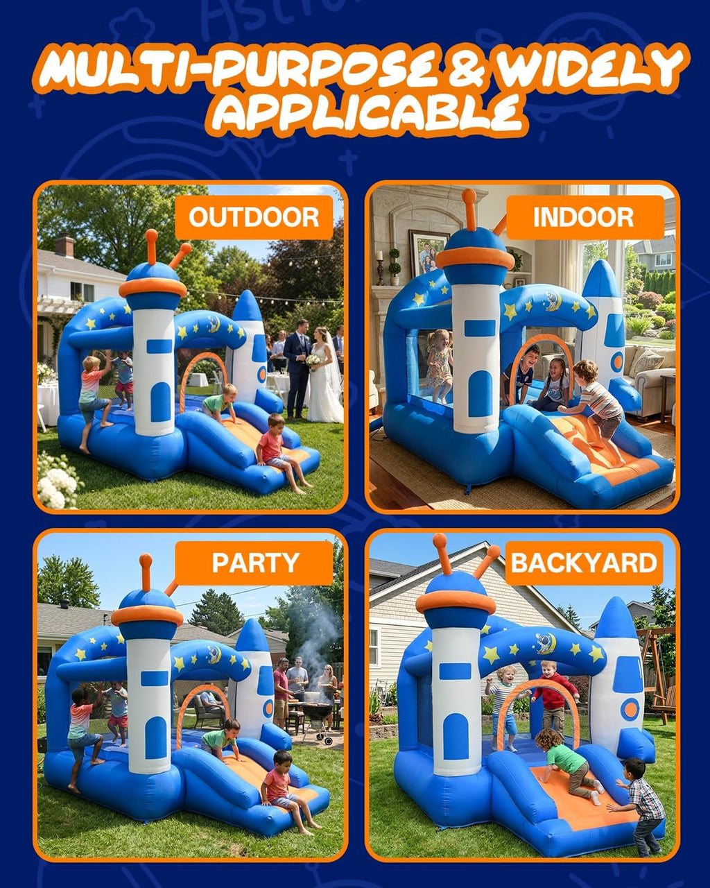 Bounce House, Kid Inflatable Bounce House with Slide, Space Rocket Themed Bouncy Castle for Kids 3-6, 370W for Indoor & Outdoor Play, Backyard Birthday Party with Basketball Hoop