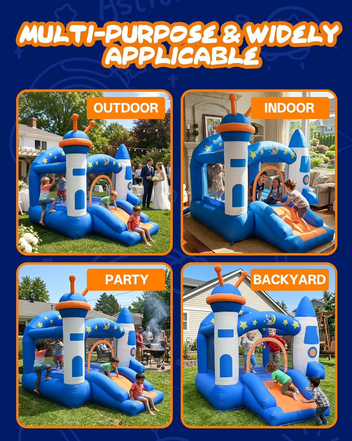 Bounce House, Kid Inflatable Bounce House with Slide, Space Rocket Themed Bouncy Castle for Kids 3-6, 370W for Indoor & Outdoor Play, Backyard Birthday Party with Basketball Hoop