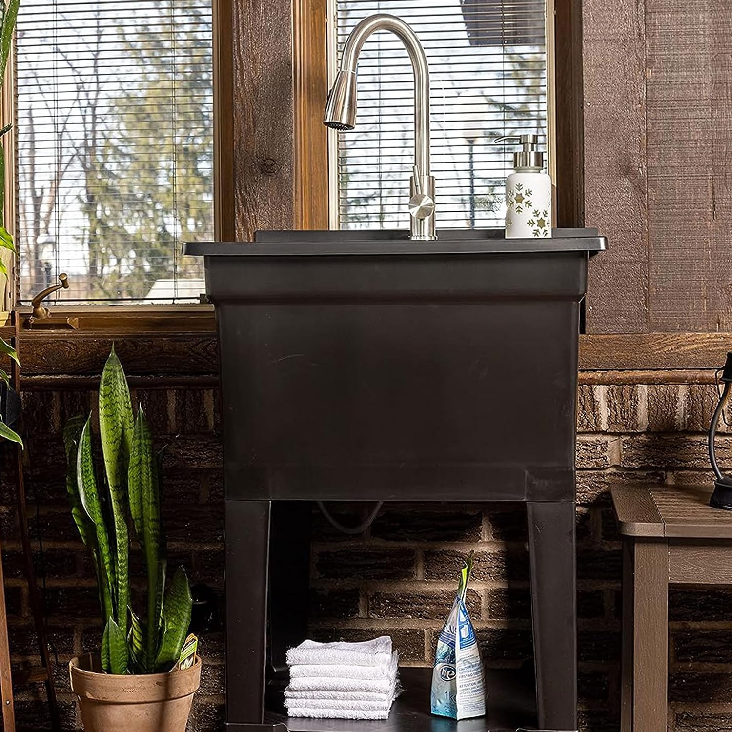 UTILITYSINKS Freestanding Utility Tub Sink with Quick Connect Drain, 24 x 24', Black - Portable and Compact Sink with Faucet for Outdoor Kitchen, Laundry Room, Garage, and Basement