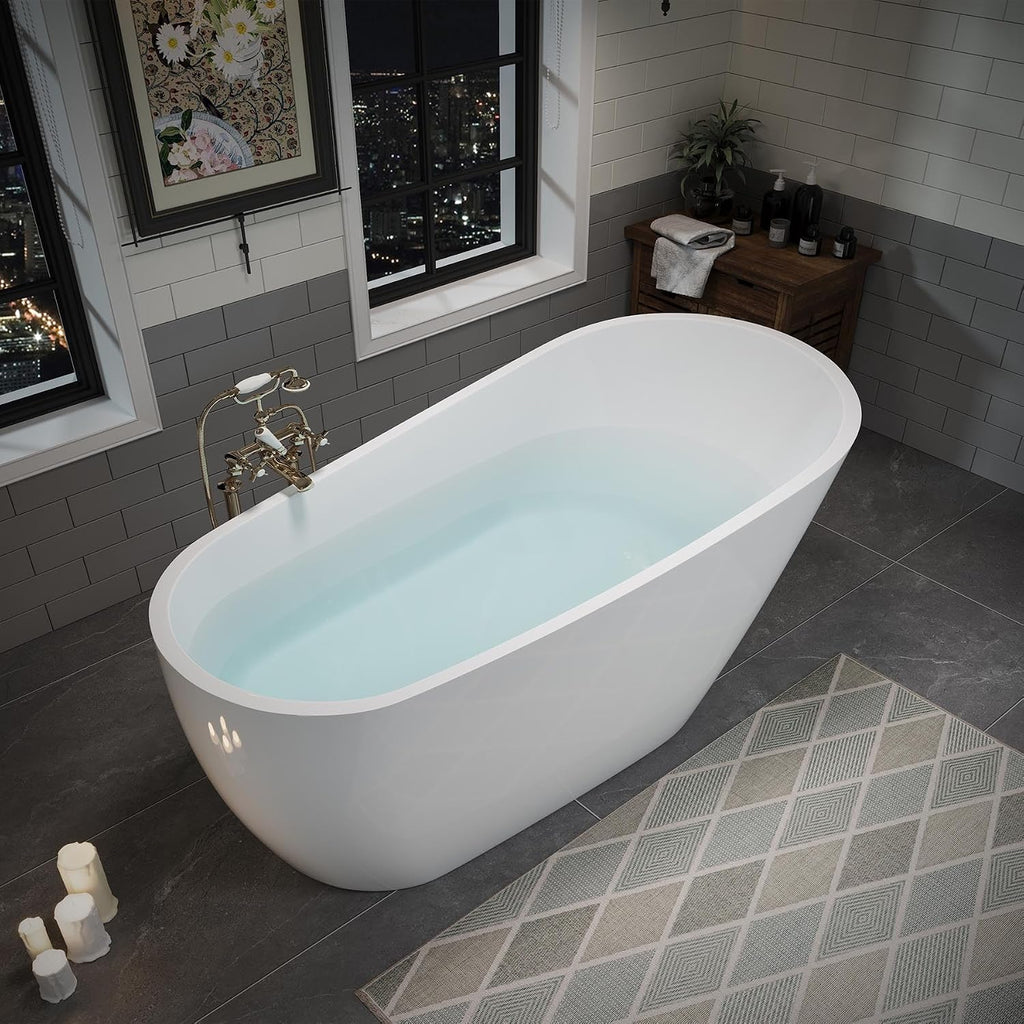 Acrylic Soaking Tub with Pop-up Drain & Integrated Overflow, Freestanding Bathtub with Double-Wall Insulation, Stand Alone Tub, Ergonomic, Easy Install (63')