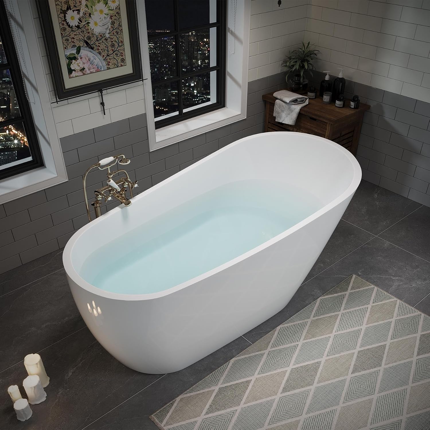 Acrylic Soaking Tub with Pop-up Drain & Integrated Overflow, Freestanding Bathtub with Double-Wall Insulation, Stand Alone Tub, Ergonomic, Easy Install (63')