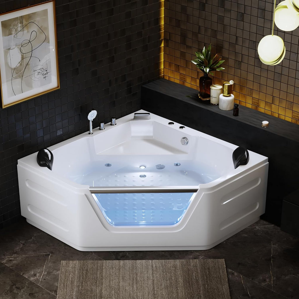 Corner Bathtub - 59'Jetted Soaking Bathtub for 2 Person with 7 Color Lights - Home Spa Bath tub with 6 Jets Hydro Massage Acrylic Soaking Tub with Double Pillow Chromatherapy - ETL Certified