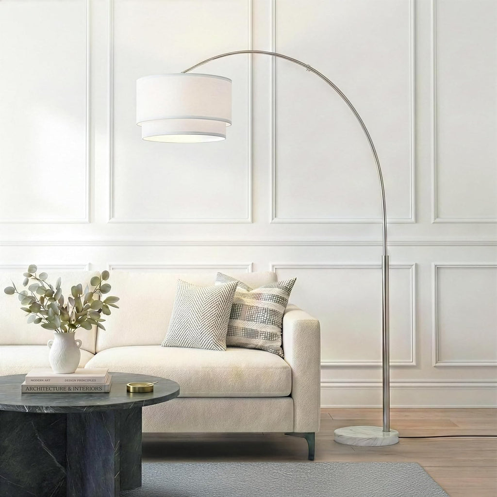 Brightech Mason Arc Floor Lamp - Modern Corner Standing Lamp with Unique Hanging Drum Lamp Shade for Living Room - Bright Overhead, Curved Hanging Light for Bedroom. Library, Den - Nickel