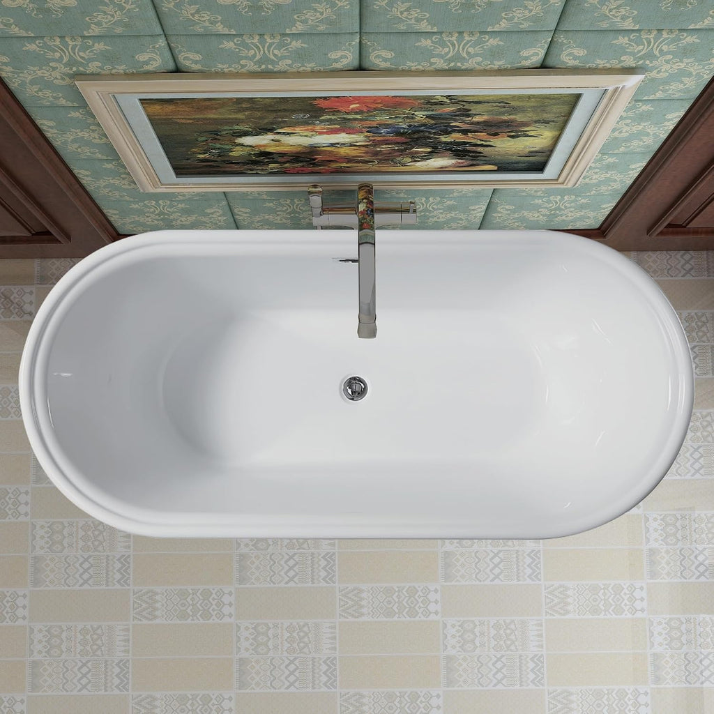 HomeBeyond 59 Inch Free Standing Bathtub | Acrylic Freestanding Soaking Tub, Classic Bathroom Stand Alone Tub Suitable Single Person Bathing, Integrated Overflow, Integrated Overflow Overflow