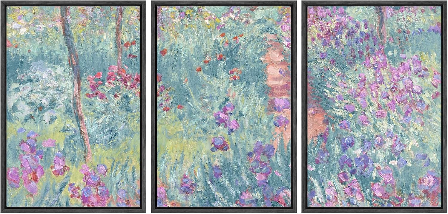 wall26 Framed Canvas Print Wall Art Set Monet-Inspired Garden Path Impressionist Floral Illustrations Modern Art Decorative Floral Botanical Minimal for Bedroom - 24'x36'x3 Black