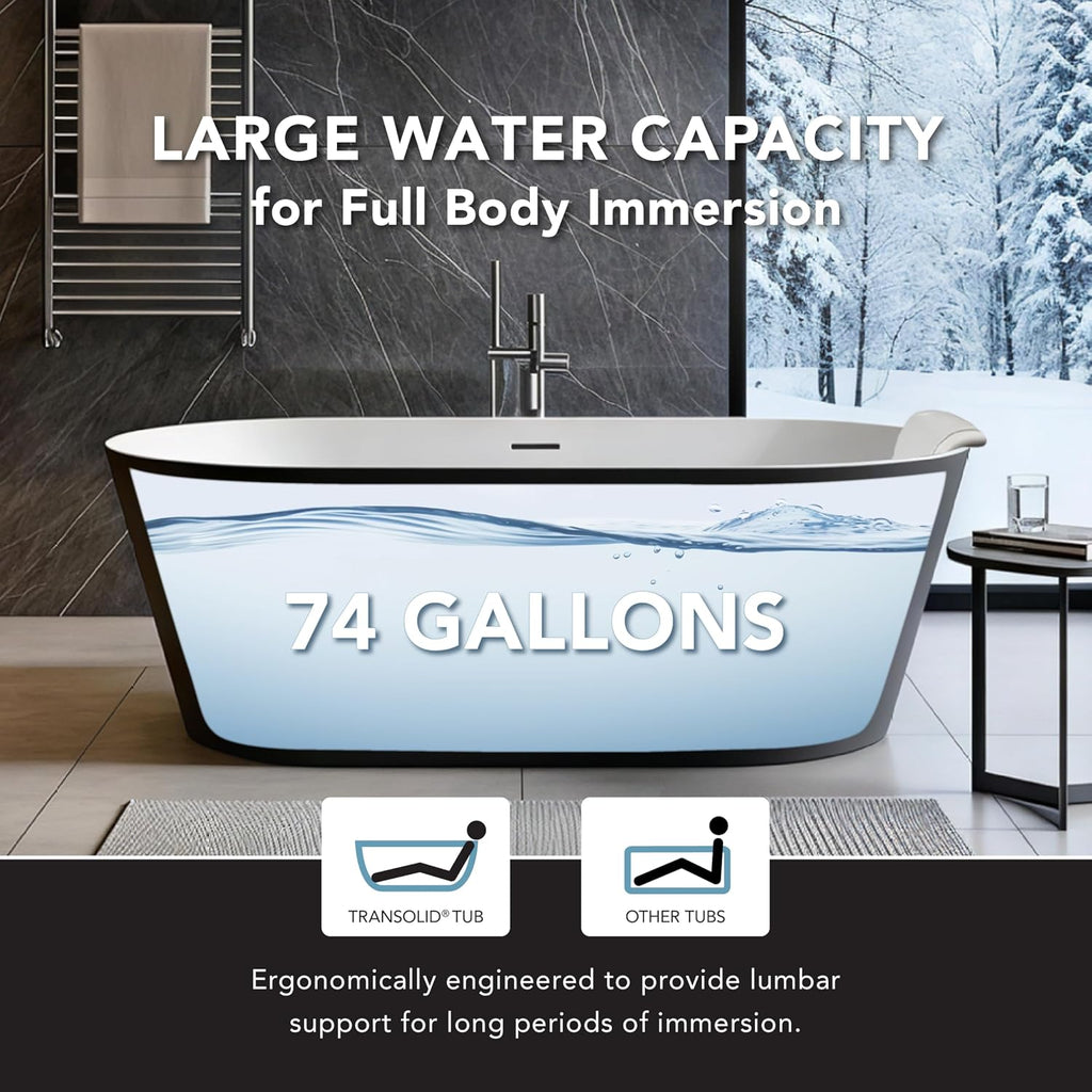 Transolid Maris 59 in. Freestanding Deep Soaking Bathtub | 31 in. Wide Acrylic Flatbottom | Center Drain | Bath Pillow Included | 23 in. Confirmed Soak Depth | Matte Black/White | K-AFTM5931-M3109