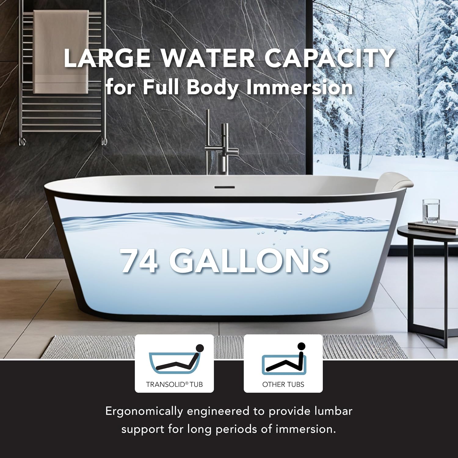 Transolid Maris 59 in. Freestanding Deep Soaking Bathtub | 31 in. Wide Acrylic Flatbottom | Center Drain | Bath Pillow Included | 23 in. Confirmed Soak Depth | Matte Black/White | K-AFTM5931-M3109