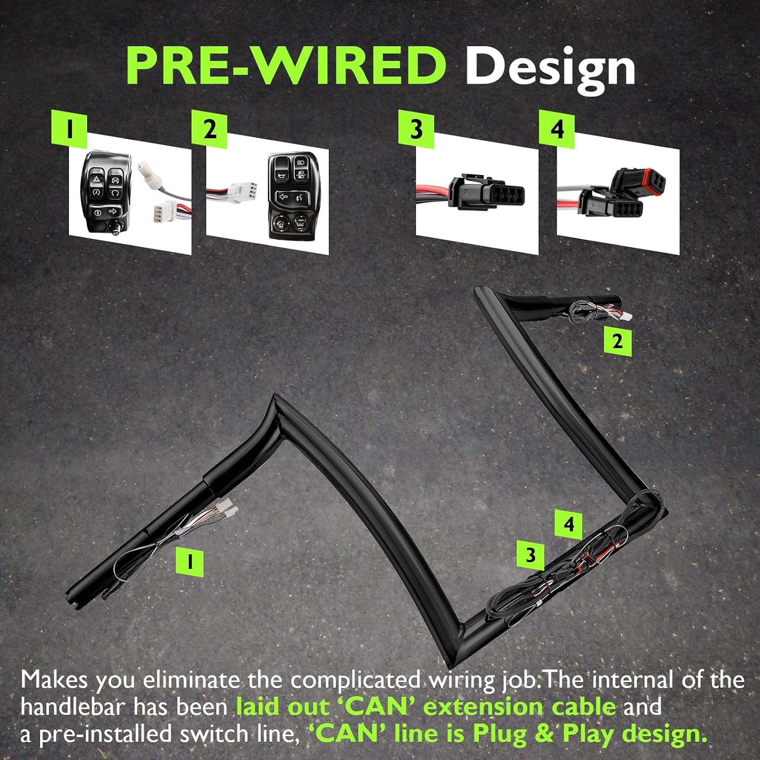 Mofun 12' Rise Pre-wired Ape Hangers Sharp Handlebars 1-1/4 inch Fat 1.25' Clamp Compatible with Harley Road Glide FLTR/I FLTR FLTRXST FLTRU 2015-2023, Gloss Black