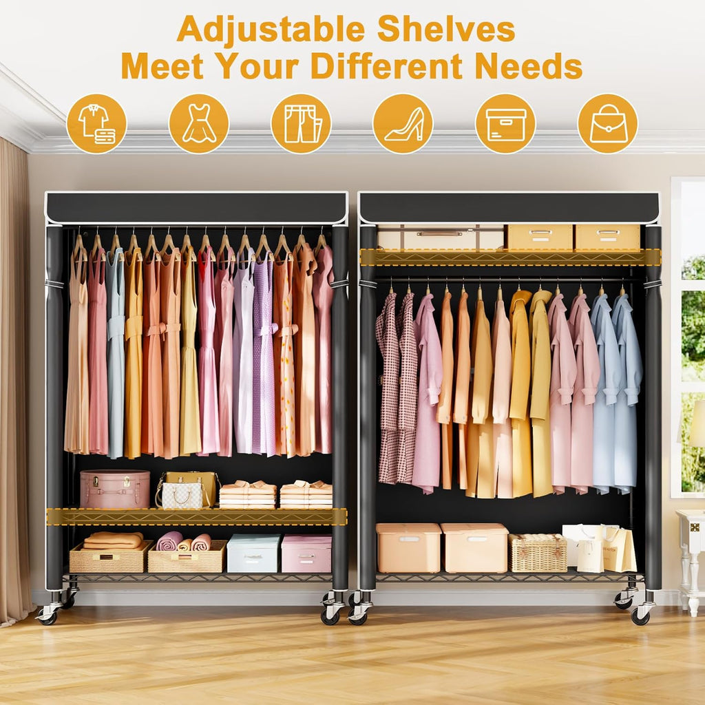 ULIFHOME P6C Plus & H5C Clothes Rack with Cover, Covered Clothing Rack Heavy Duty, Portable Closet for Hanging Clothes, Black Closet Rack with Black Cover, P6C Plus with Wheels, H5c without Wheels