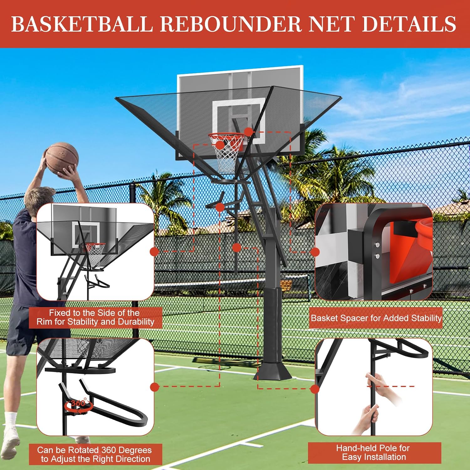 Basketball Rebounder Net Return System Machine Portable Suspended Shooting Basketball Rebounder Device Heavy Duty Basketball Training Equipment with 360°Rotating Track for Continuous Solo Practice