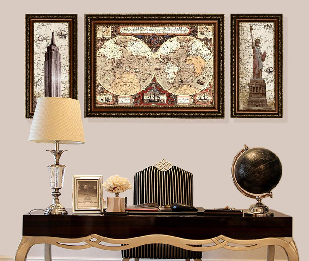 ELITEART- Statue Of Liberty, Empire State Building, Old Vintage World Map Oil Painting Reproduction Giclee Wall Art Canvas Prints-Framed Size：69'x28