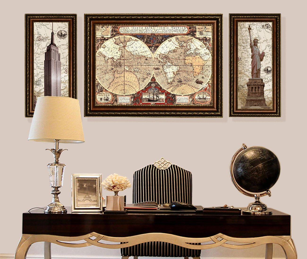 ELITEART- Statue Of Liberty, Empire State Building, Old Vintage World Map Oil Painting Reproduction Giclee Wall Art Canvas Prints-Framed Size：69'x28